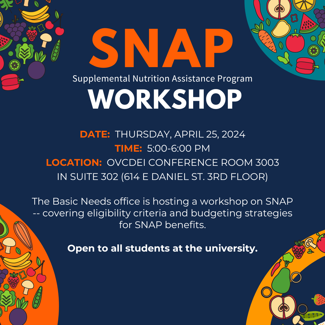 SNAP Workshop event graphic with small food icon patterns in each corner