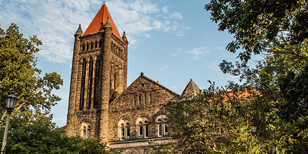 Bell tower of Altgeld Hall in summer